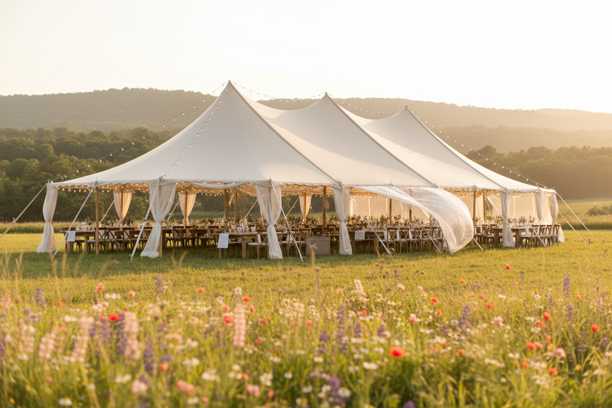 Elegant tented farm wedding in a field