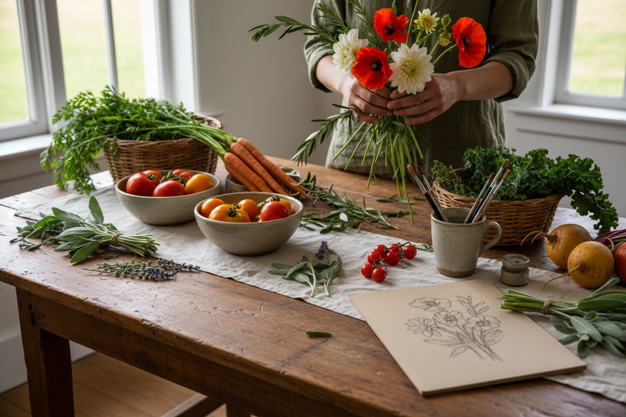 realistic photo of a farm table with flowers, vegetables, give the feel of creating something.  colors are neutral (olive, sage, cream, brown) with pops of bright vermillion