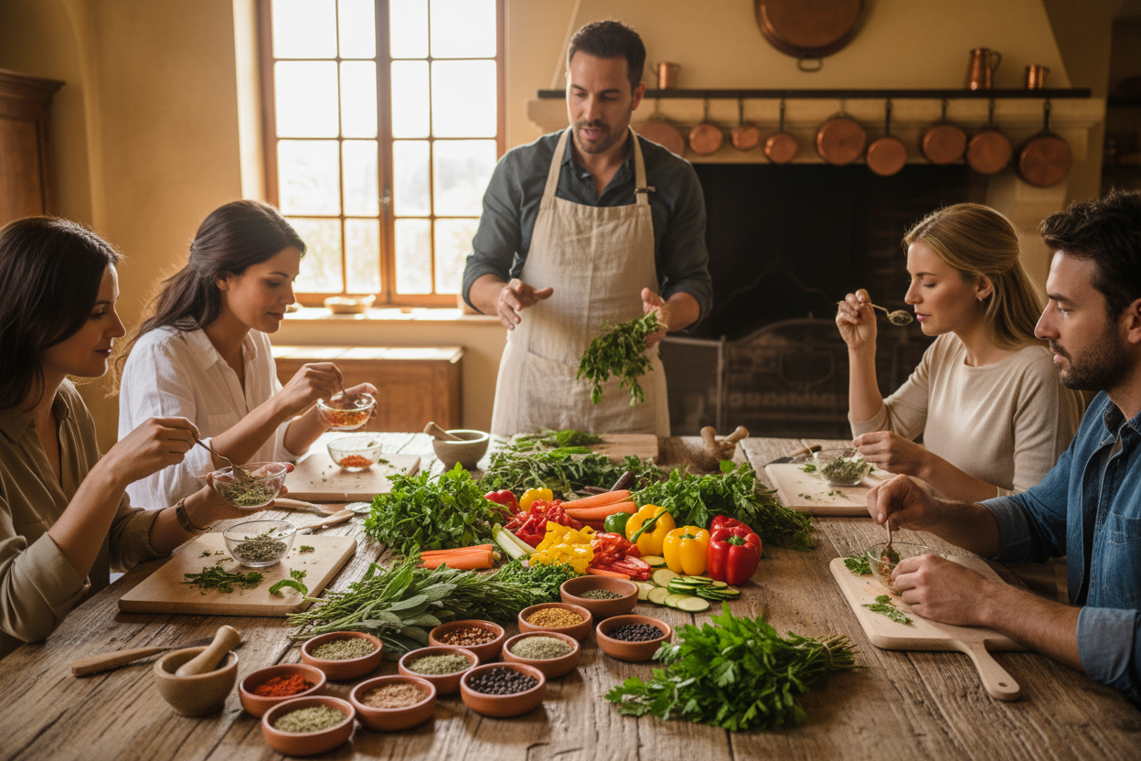 realistic photo of people around a table making herb blends to season chicken with vegetables on the table and someone instructing